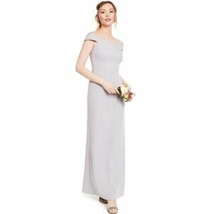 $199 Adrianna Papell Bridal Silver Off Shoulder Crepe Knit Sheath Gown 2 NWT